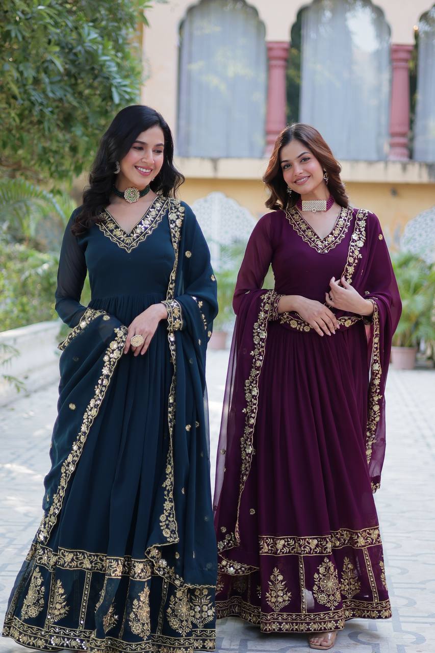 Timeless Grace – Faux Blooming Georgette Gown with Embroidered Dupatta - INDIAN ELEGANCE