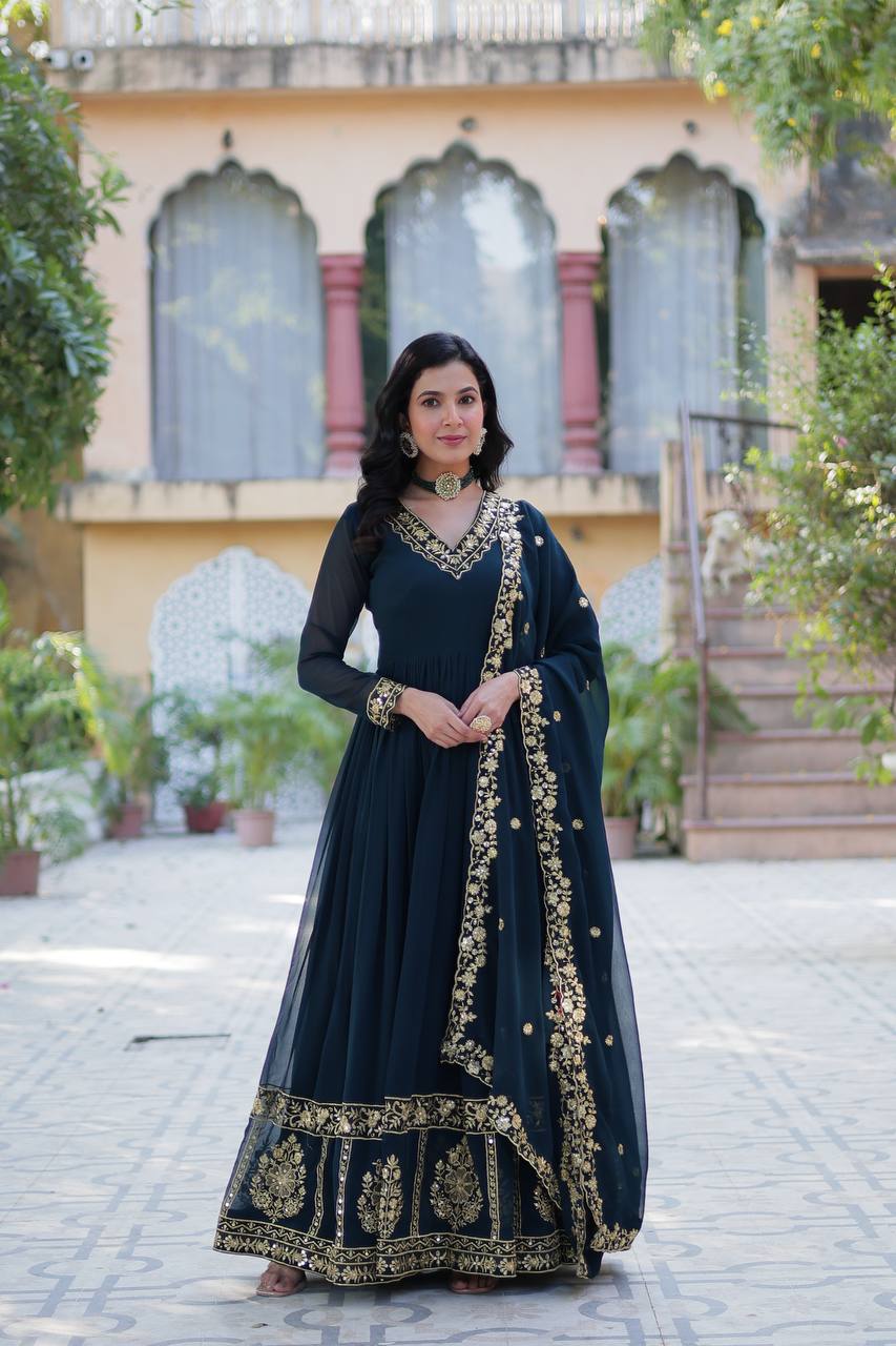 Timeless Grace – Faux Blooming Georgette Gown with Embroidered Dupatta - INDIAN ELEGANCE