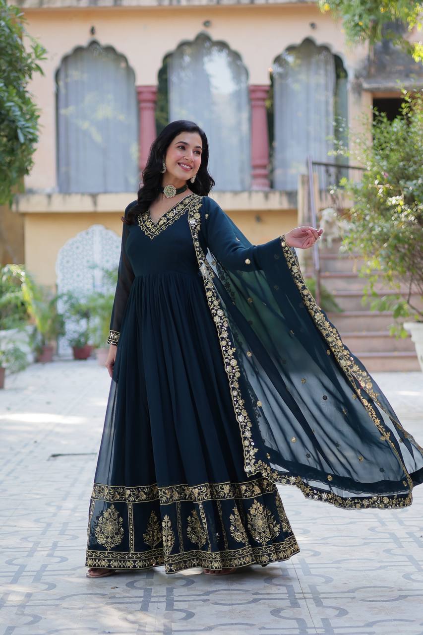 Timeless Grace – Faux Blooming Georgette Gown with Embroidered Dupatta - INDIAN ELEGANCE