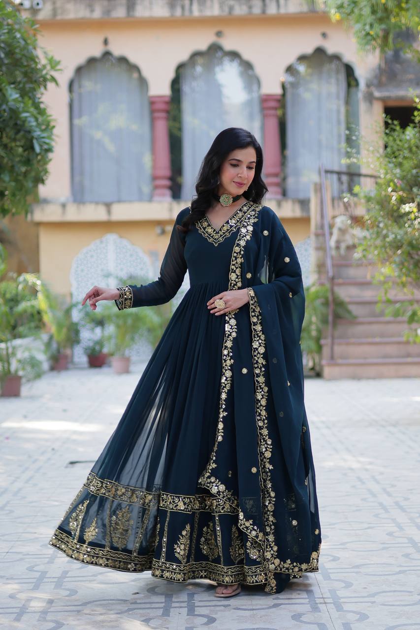 Timeless Grace – Faux Blooming Georgette Gown with Embroidered Dupatta - INDIAN ELEGANCE