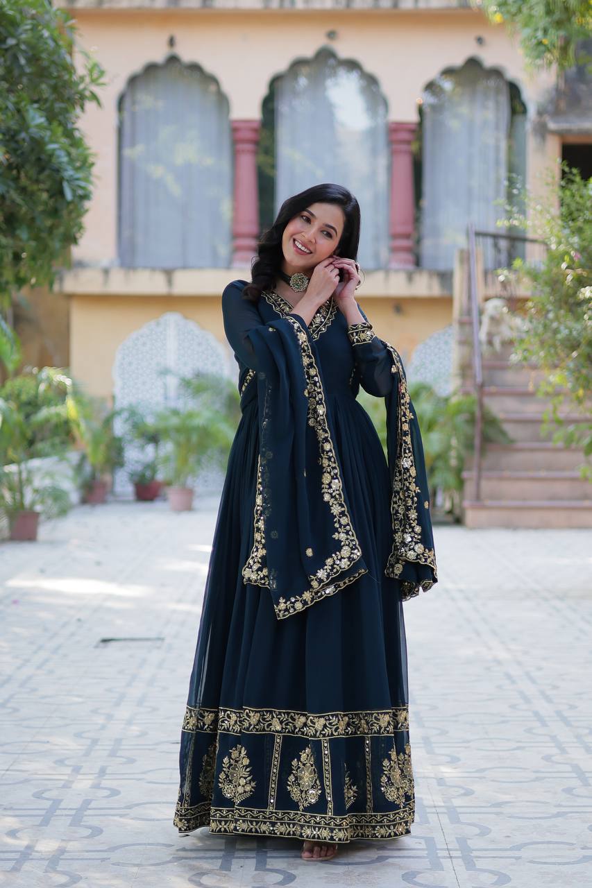 Timeless Grace – Faux Blooming Georgette Gown with Embroidered Dupatta - INDIAN ELEGANCE