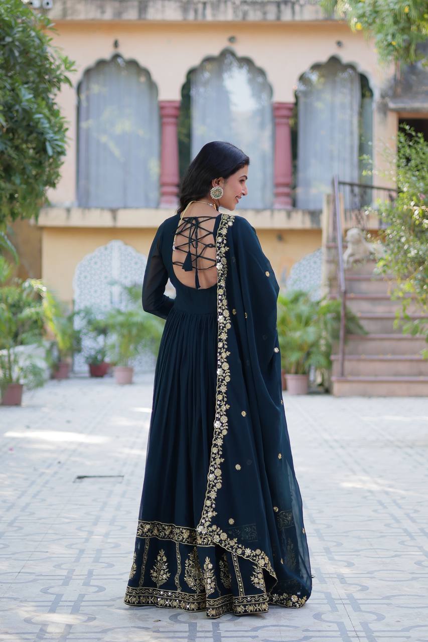 Timeless Grace – Faux Blooming Georgette Gown with Embroidered Dupatta - INDIAN ELEGANCE