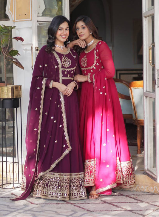 Radiant Faux Georgette Sequins Embroidered Gown With Dupatta - INDIAN ELEGANCE