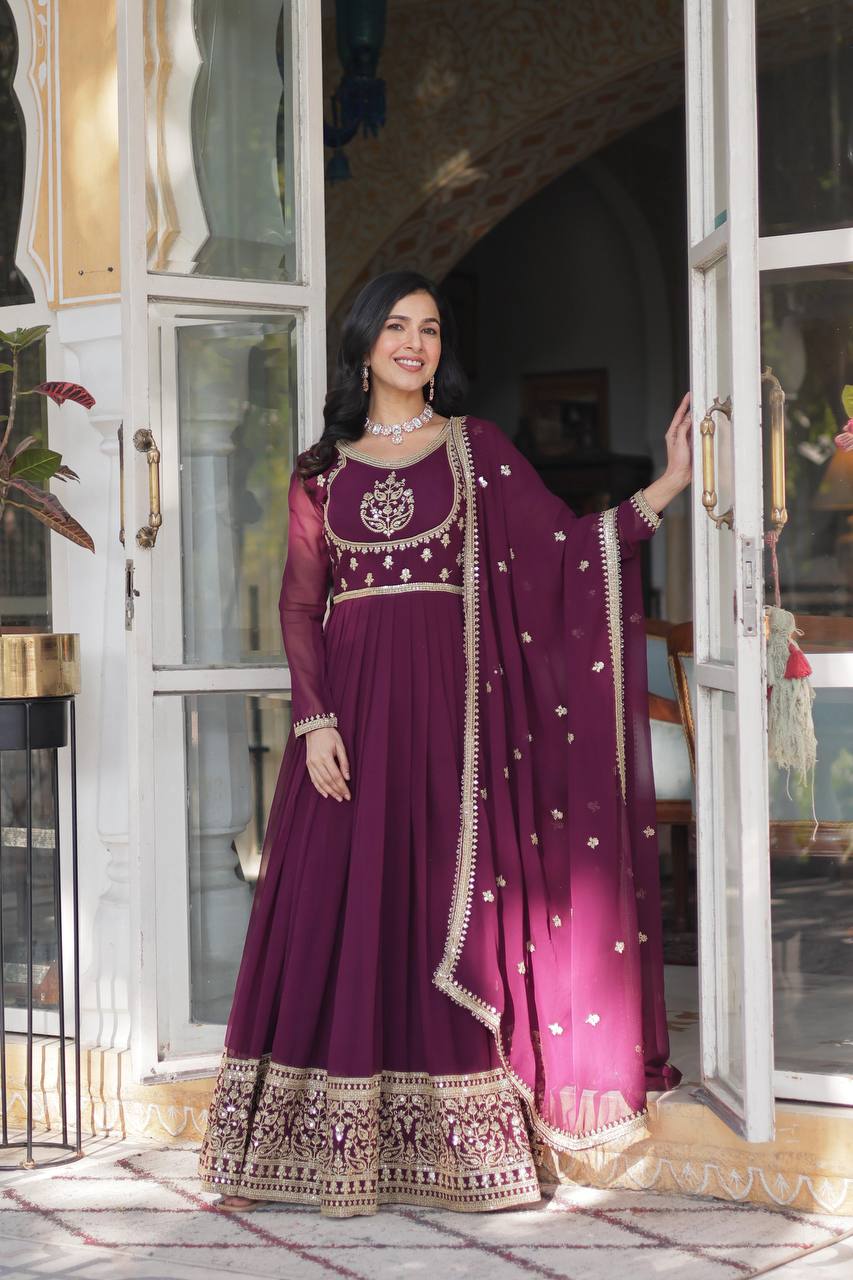 Radiant Faux Georgette Sequins Embroidered Gown With Dupatta - INDIAN ELEGANCE