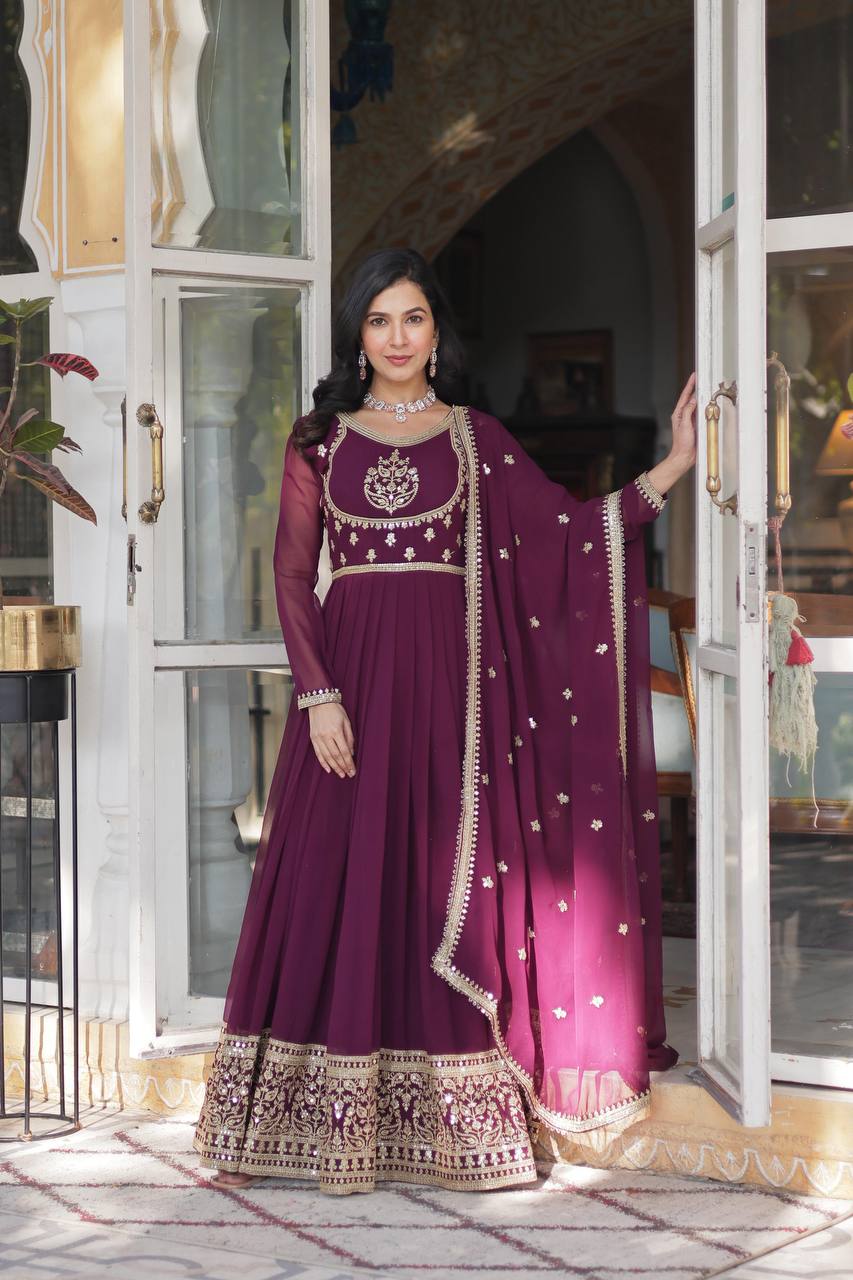 Radiant Faux Georgette Sequins Embroidered Gown With Dupatta - INDIAN ELEGANCE