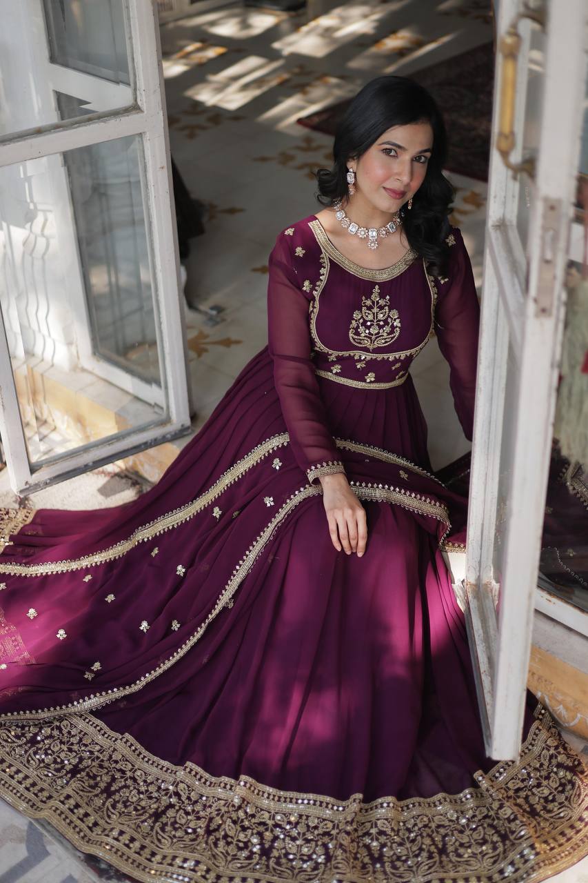 Radiant Faux Georgette Sequins Embroidered Gown With Dupatta - INDIAN ELEGANCE