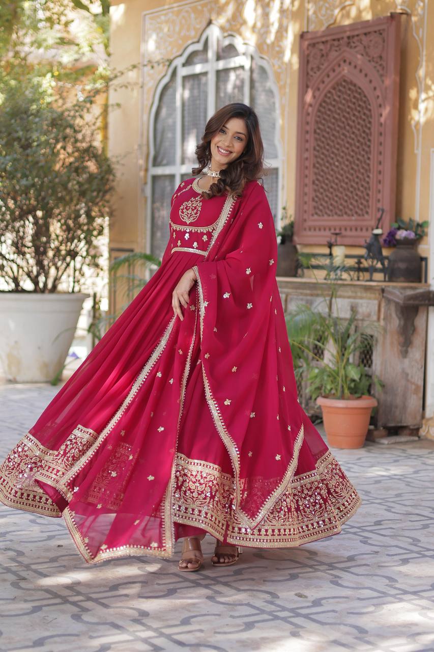 Radiant Faux Georgette Sequins Embroidered Gown With Dupatta - INDIAN ELEGANCE