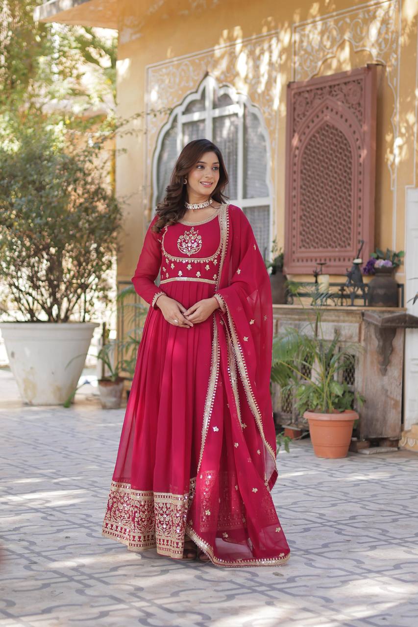 Radiant Faux Georgette Sequins Embroidered Gown With Dupatta - INDIAN ELEGANCE