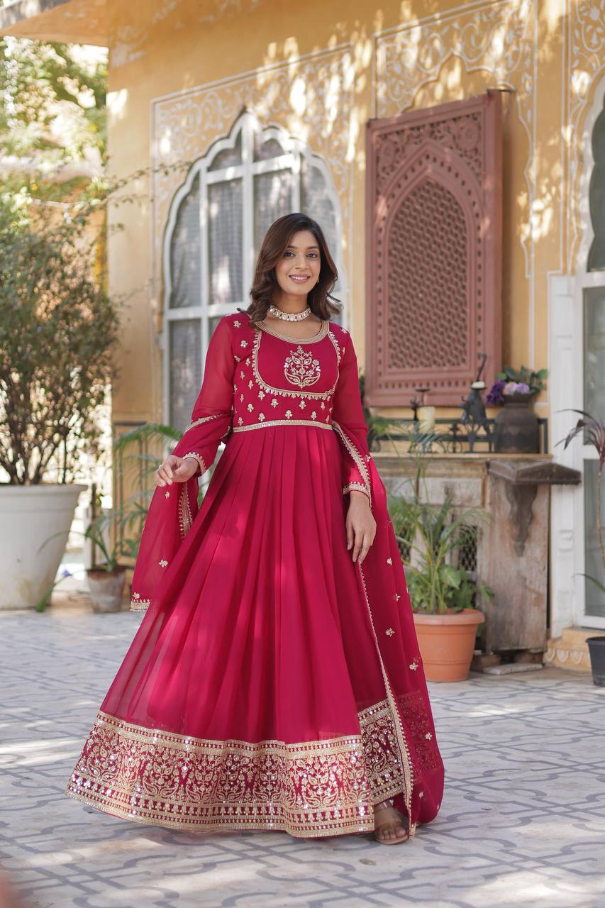Radiant Faux Georgette Sequins Embroidered Gown With Dupatta - INDIAN ELEGANCE