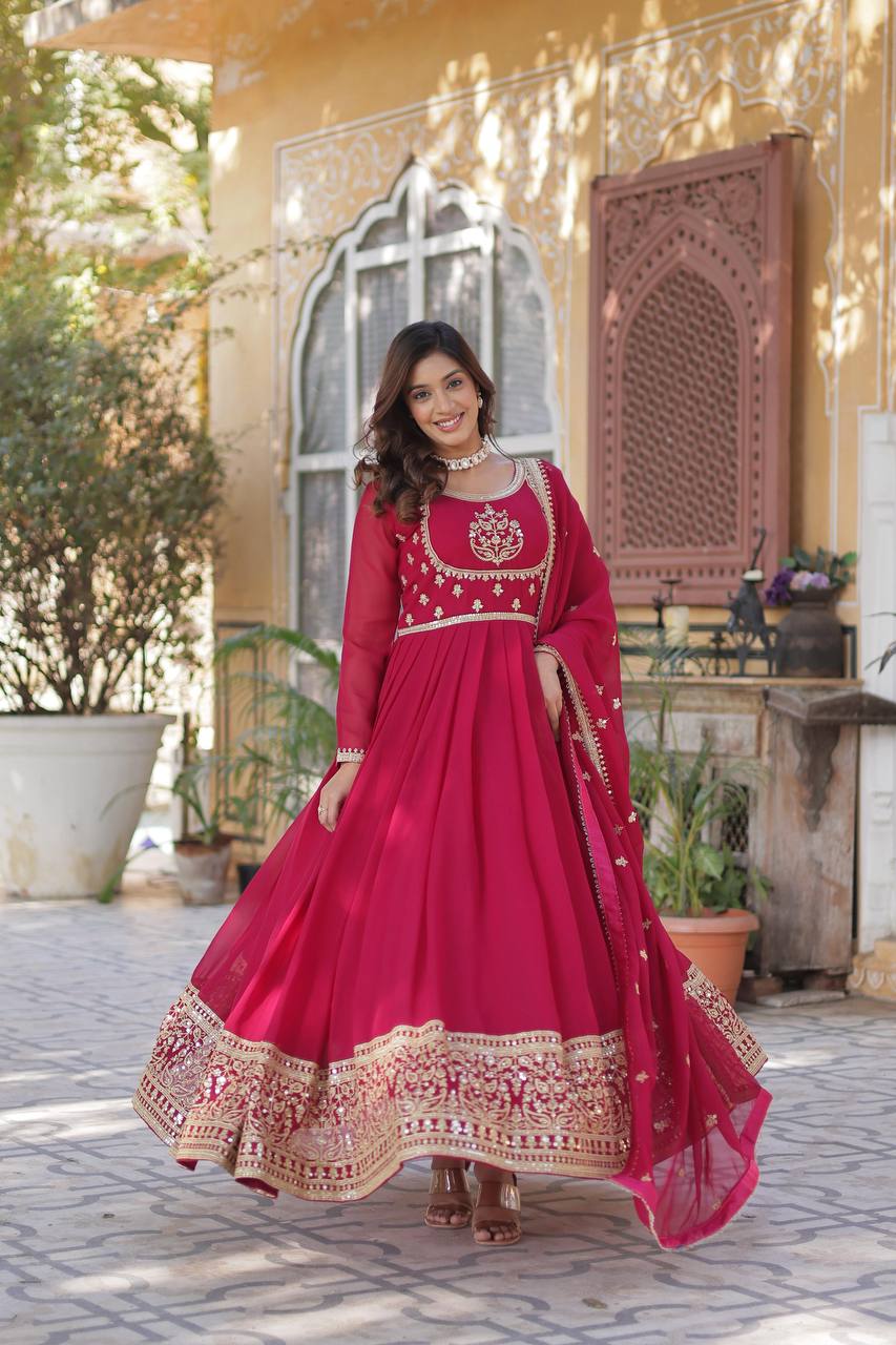 Radiant Faux Georgette Sequins Embroidered Gown With Dupatta - INDIAN ELEGANCE
