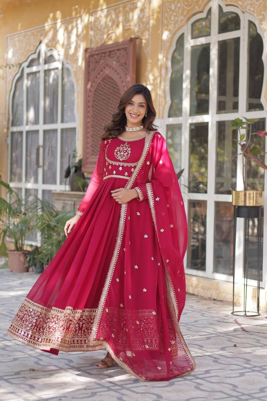 Radiant Faux Georgette Sequins Embroidered Gown With Dupatta - INDIAN ELEGANCE