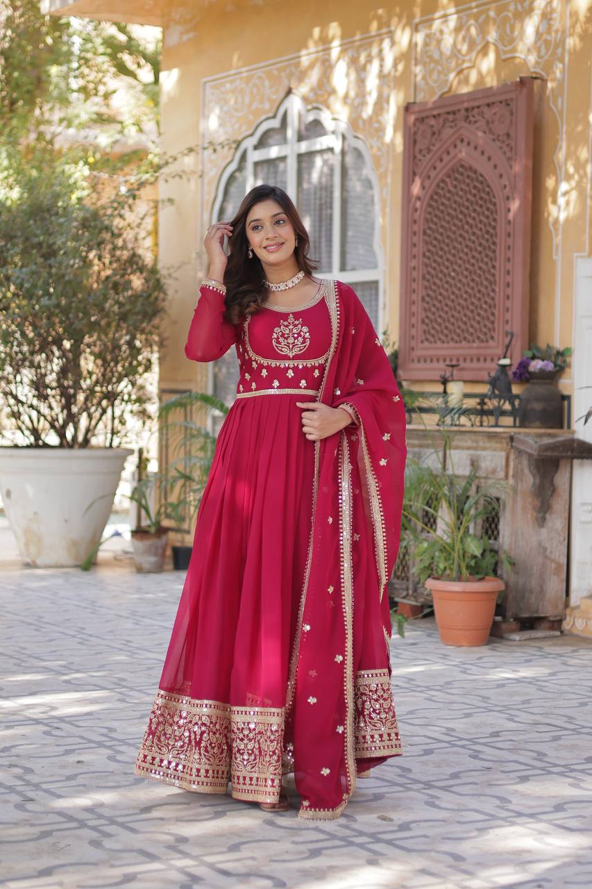 Radiant Faux Georgette Sequins Embroidered Gown With Dupatta - INDIAN ELEGANCE