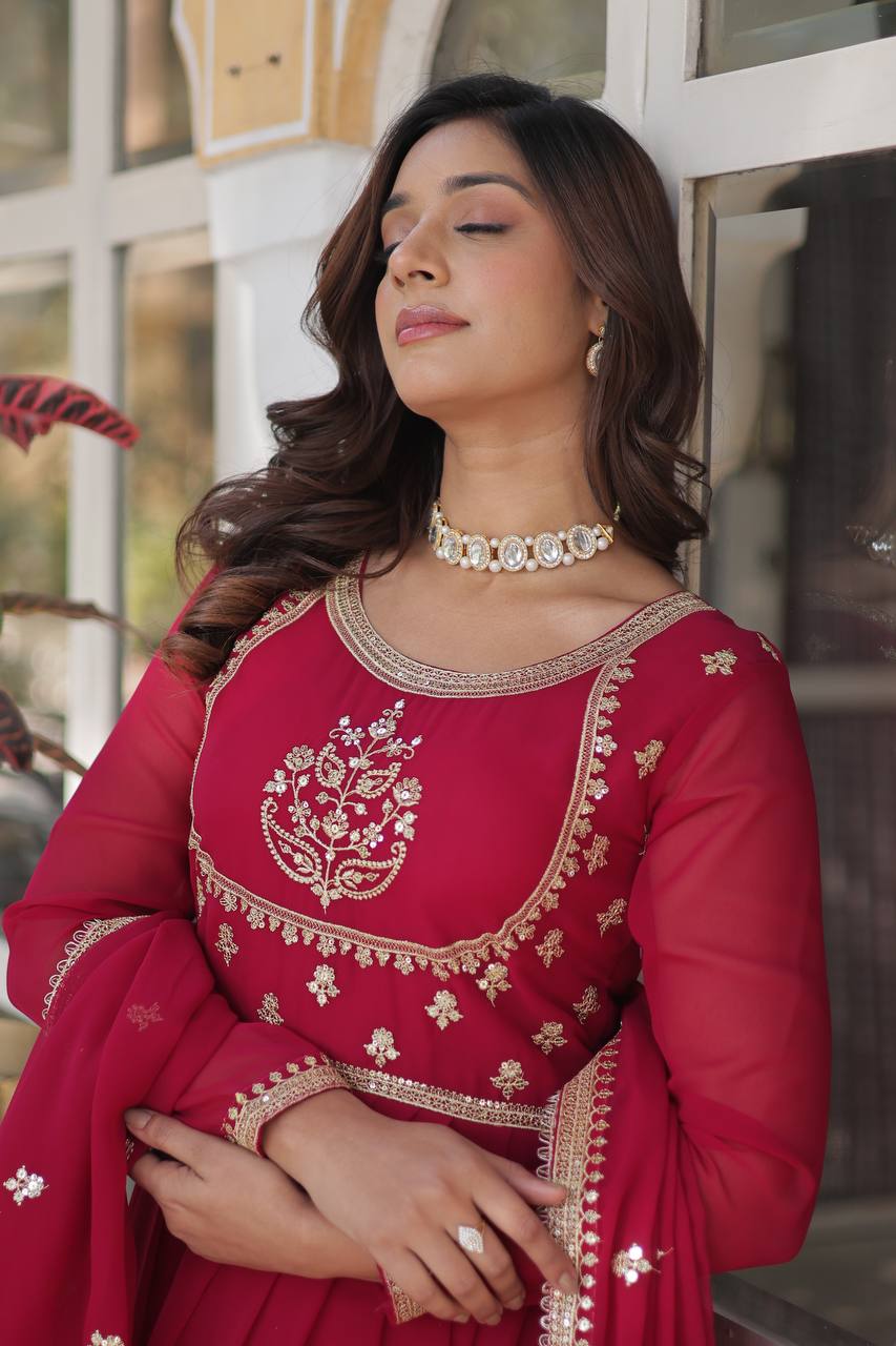 Radiant Faux Georgette Sequins Embroidered Gown With Dupatta - INDIAN ELEGANCE