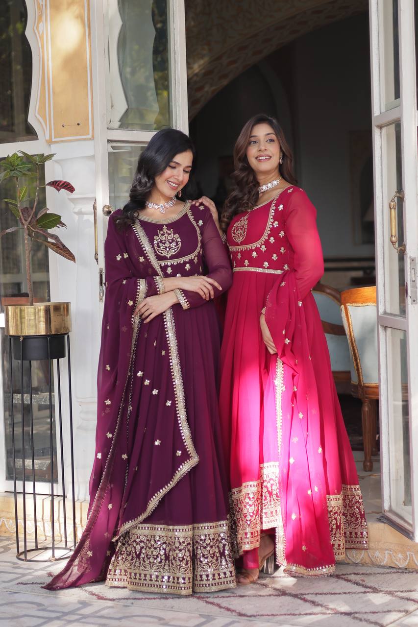 Radiant Faux Georgette Sequins Embroidered Gown With Dupatta - INDIAN ELEGANCE