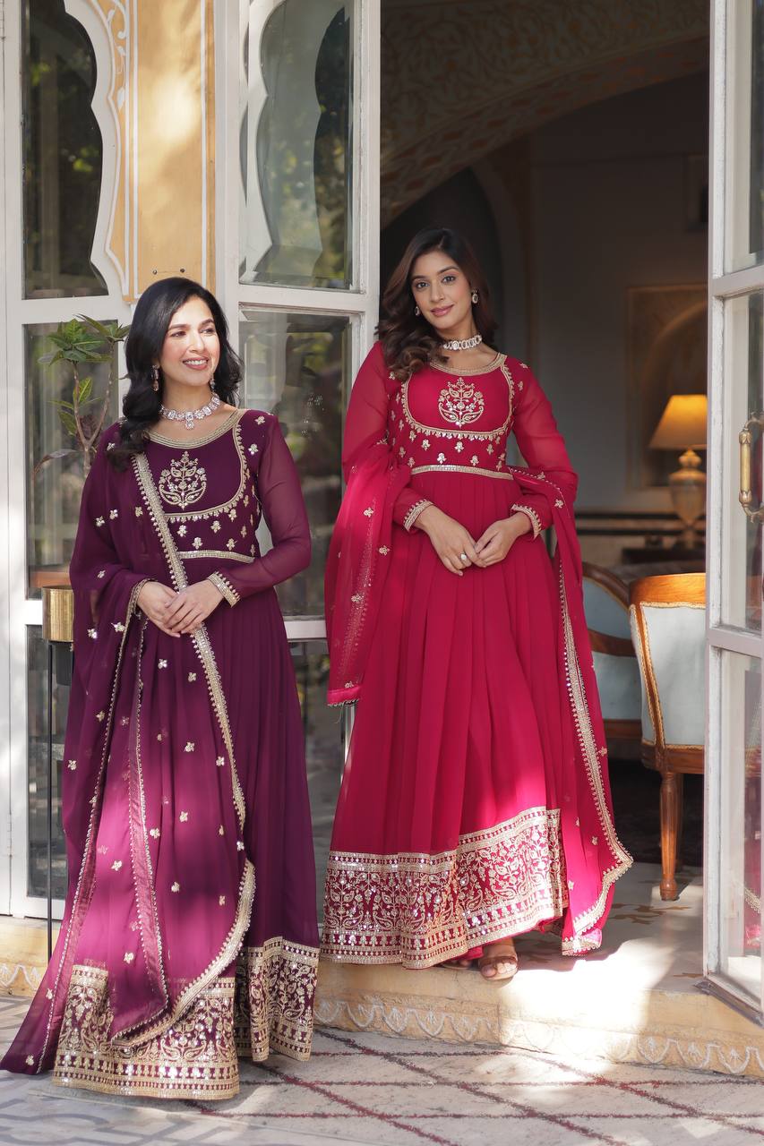 Radiant Faux Georgette Sequins Embroidered Gown With Dupatta - INDIAN ELEGANCE