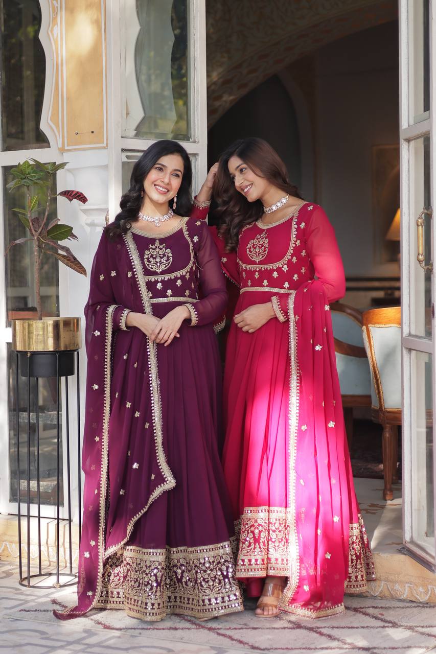 Radiant Faux Georgette Sequins Embroidered Gown With Dupatta - INDIAN ELEGANCE