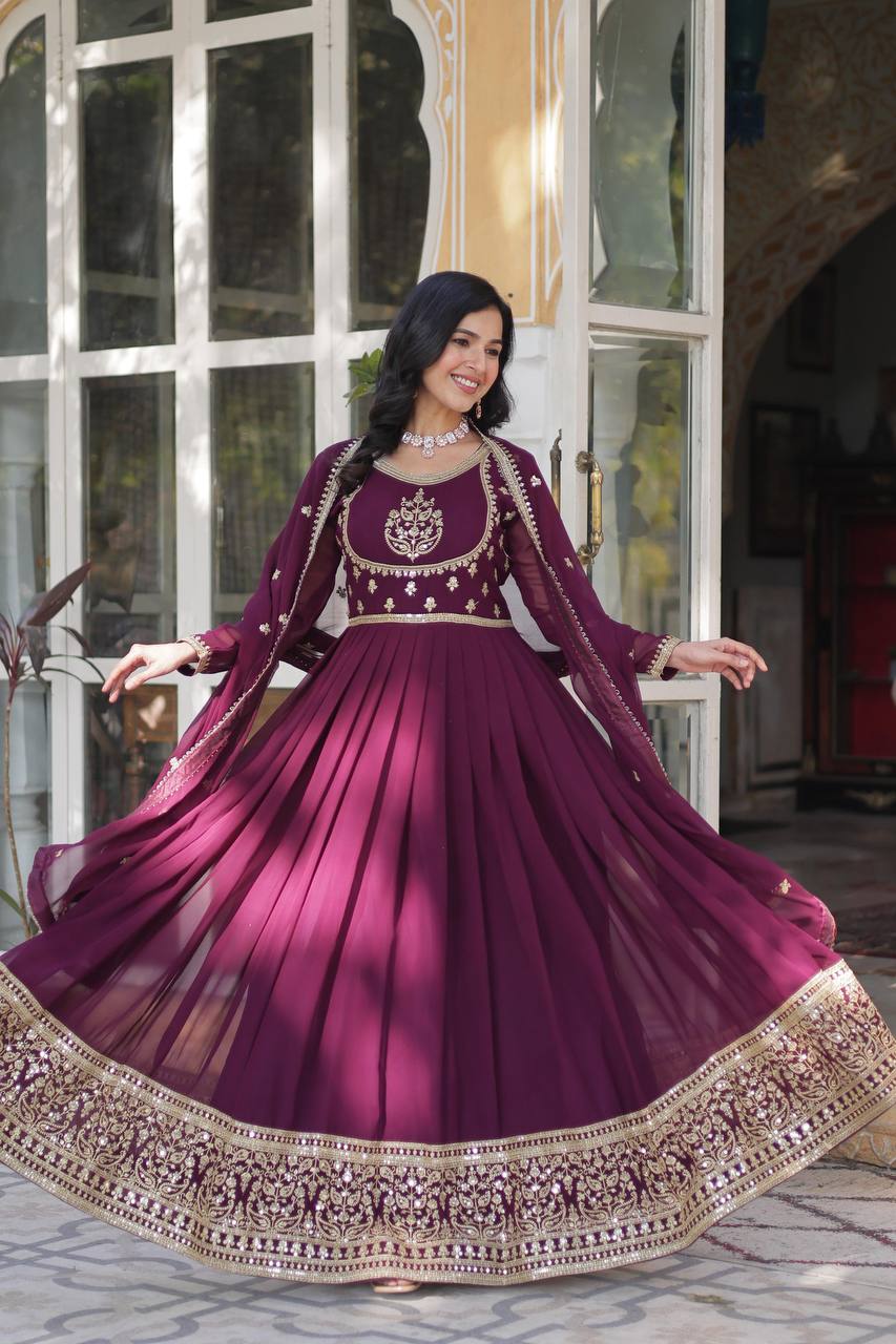 Radiant Faux Georgette Sequins Embroidered Gown With Dupatta - INDIAN ELEGANCE