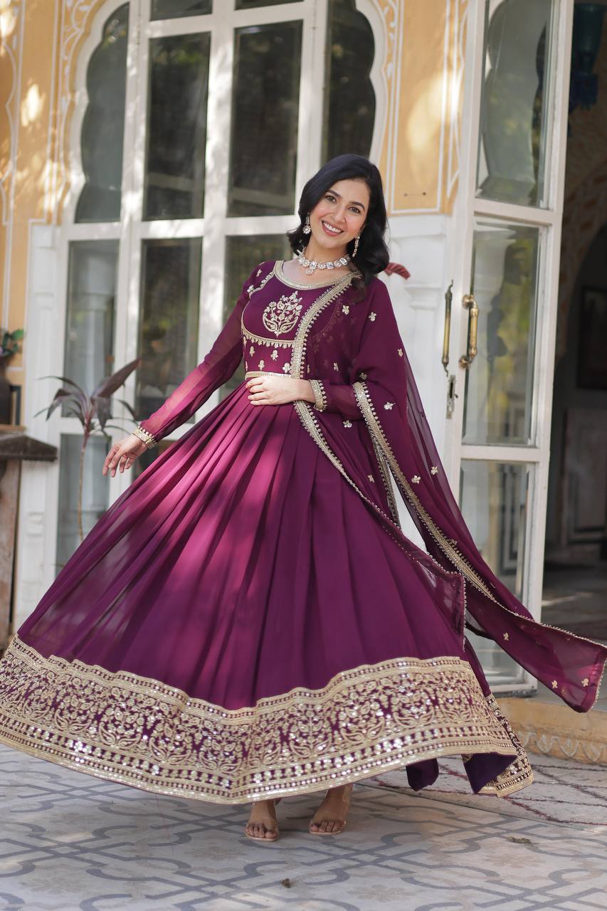 Radiant Faux Georgette Sequins Embroidered Gown With Dupatta - INDIAN ELEGANCE