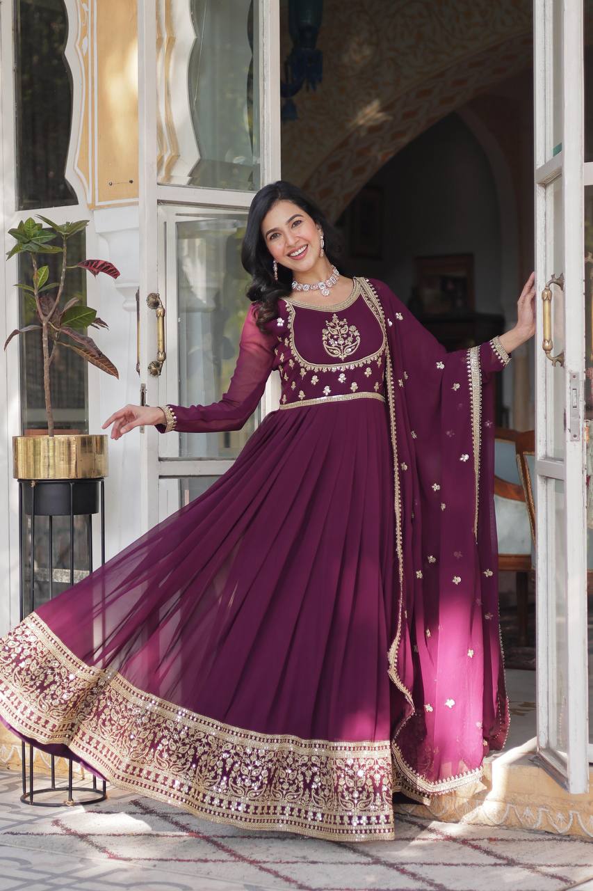 Radiant Faux Georgette Sequins Embroidered Gown With Dupatta - INDIAN ELEGANCE