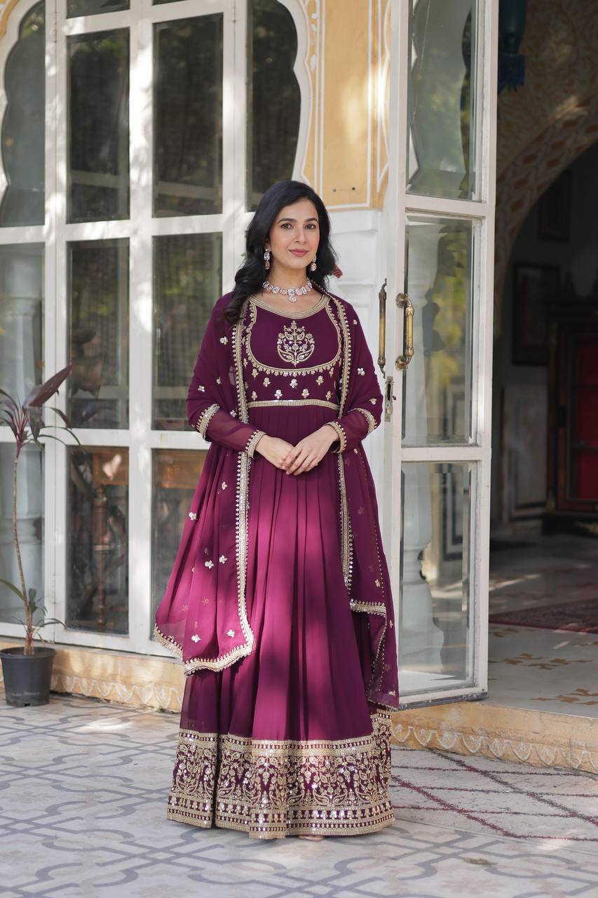 Radiant Faux Georgette Sequins Embroidered Gown With Dupatta - INDIAN ELEGANCE