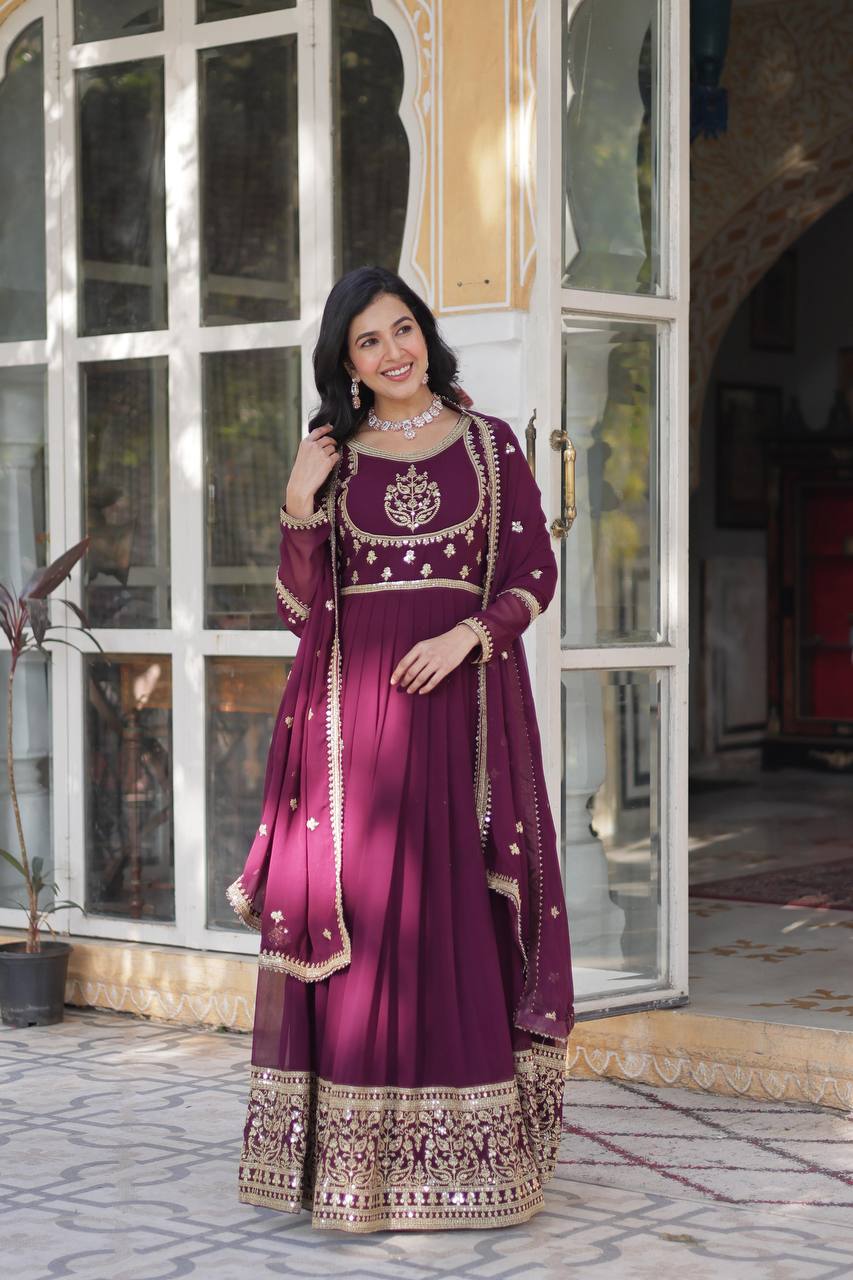 Radiant Faux Georgette Sequins Embroidered Gown With Dupatta - INDIAN ELEGANCE