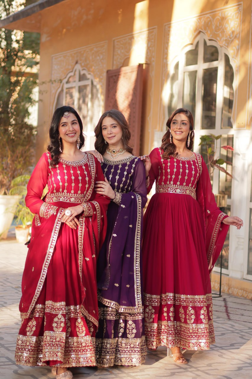 Mesmerizing Faux Georgette Embroidered Zari Sequins Gown Set - INDIAN ELEGANCE