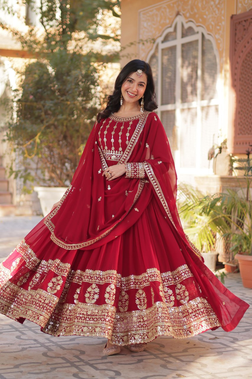 Mesmerizing Faux Georgette Embroidered Zari Sequins Gown Set - INDIAN ELEGANCE