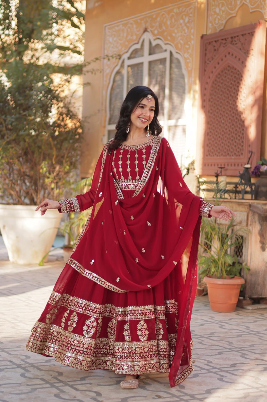 Mesmerizing Faux Georgette Embroidered Zari Sequins Gown Set - INDIAN ELEGANCE