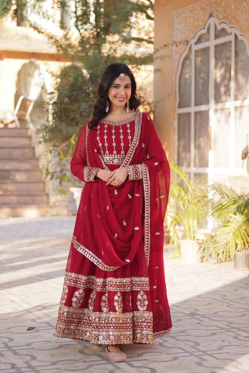 Mesmerizing Faux Georgette Embroidered Zari Sequins Gown Set - INDIAN ELEGANCE