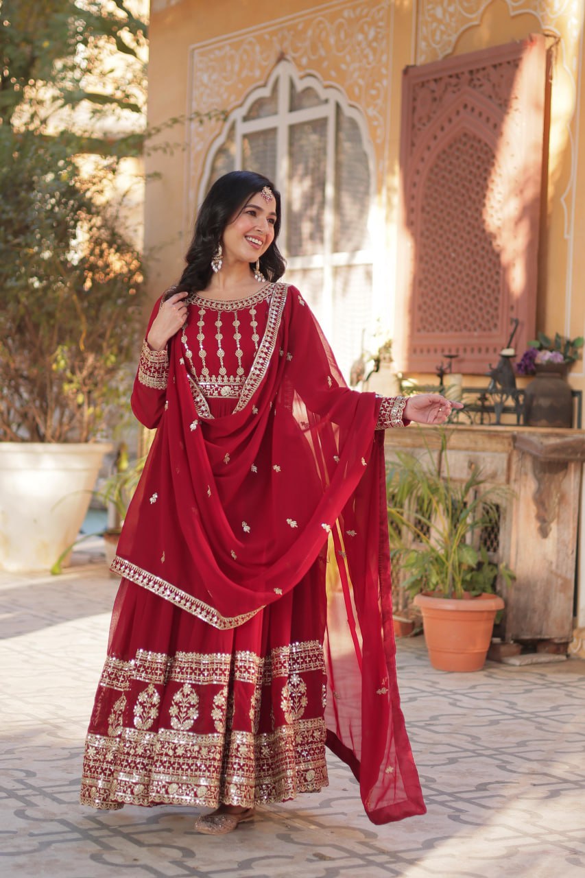Mesmerizing Faux Georgette Embroidered Zari Sequins Gown Set - INDIAN ELEGANCE