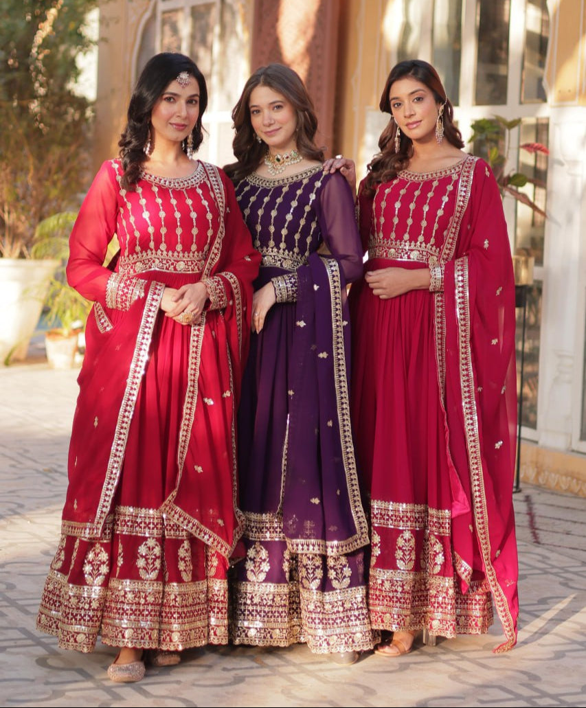 Mesmerizing Faux Georgette Embroidered Zari Sequins Gown Set - INDIAN ELEGANCE