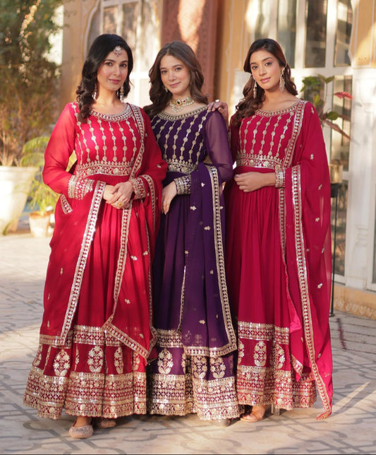 Mesmerizing Faux Georgette Embroidered Zari Sequins Gown Set - INDIAN ELEGANCE