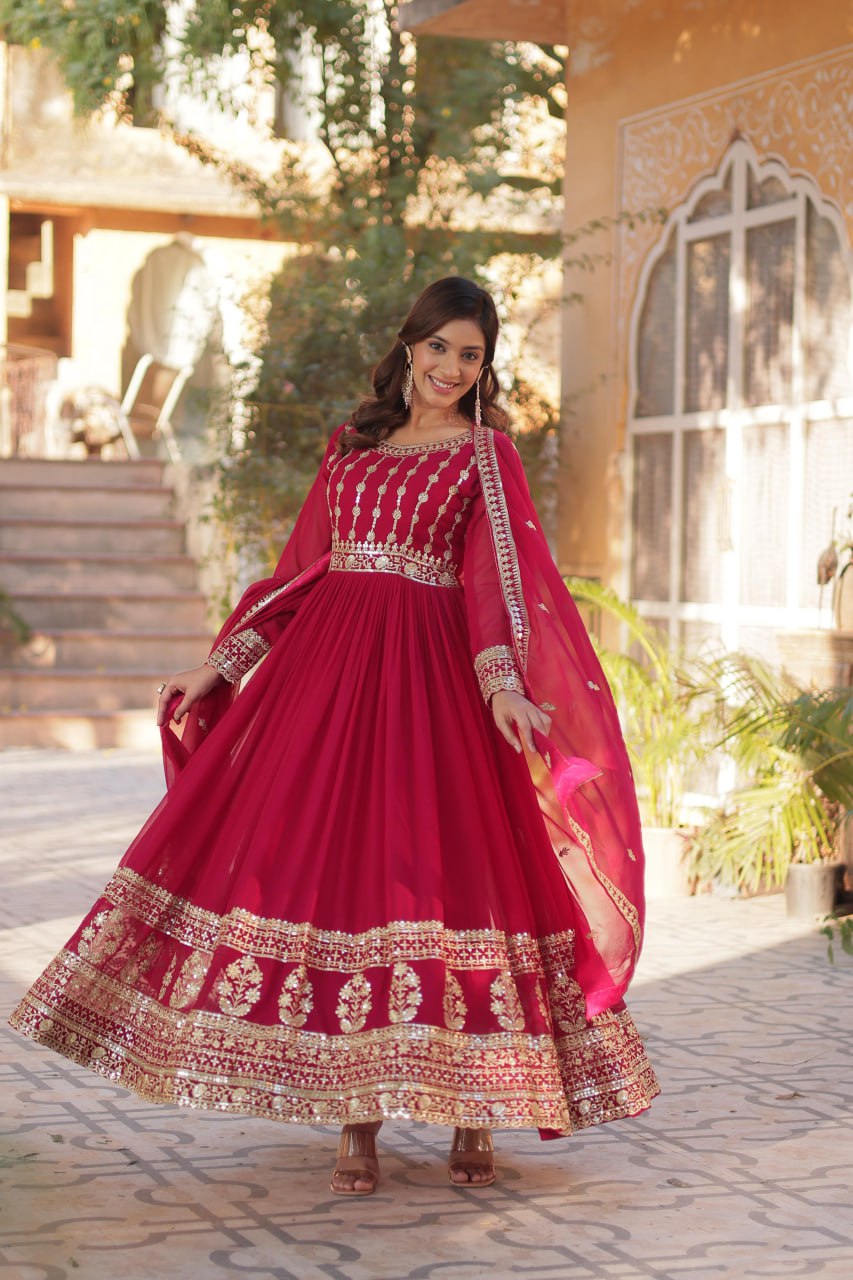 Mesmerizing Faux Georgette Embroidered Zari Sequins Gown Set - INDIAN ELEGANCE