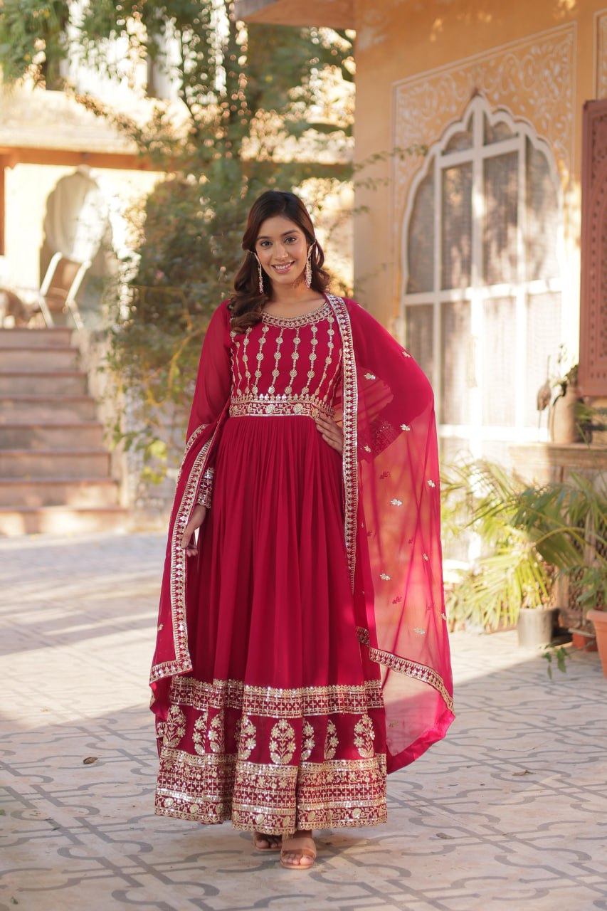 Mesmerizing Faux Georgette Embroidered Zari Sequins Gown Set - INDIAN ELEGANCE