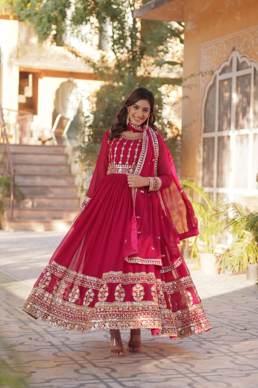 Mesmerizing Faux Georgette Embroidered Zari Sequins Gown Set - INDIAN ELEGANCE