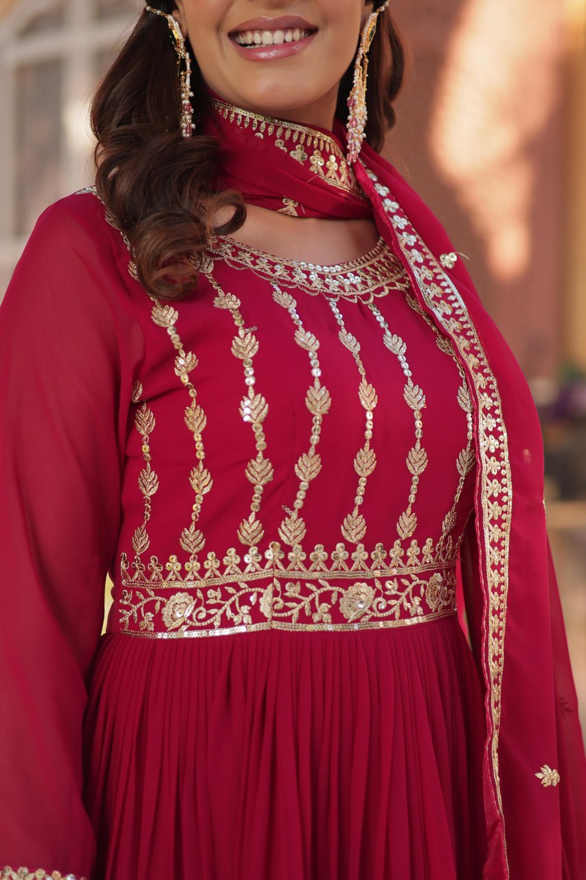 Mesmerizing Faux Georgette Embroidered Zari Sequins Gown Set - INDIAN ELEGANCE