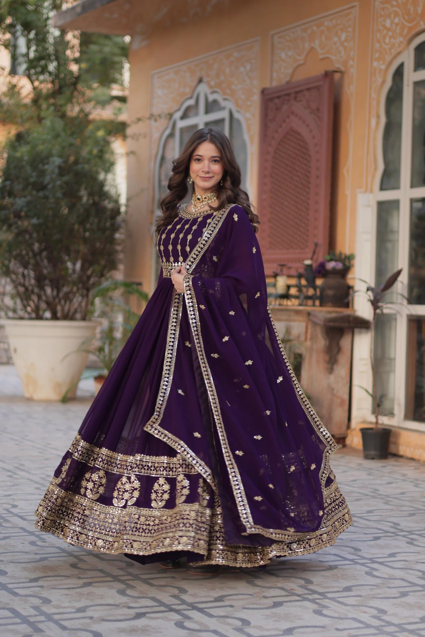 Mesmerizing Faux Georgette Embroidered Zari Sequins Gown Set - INDIAN ELEGANCE