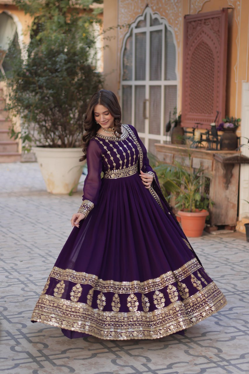 Mesmerizing Faux Georgette Embroidered Zari Sequins Gown Set - INDIAN ELEGANCE