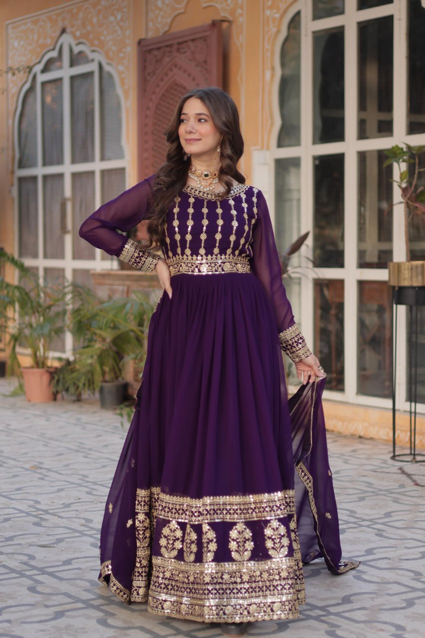 Mesmerizing Faux Georgette Embroidered Zari Sequins Gown Set - INDIAN ELEGANCE