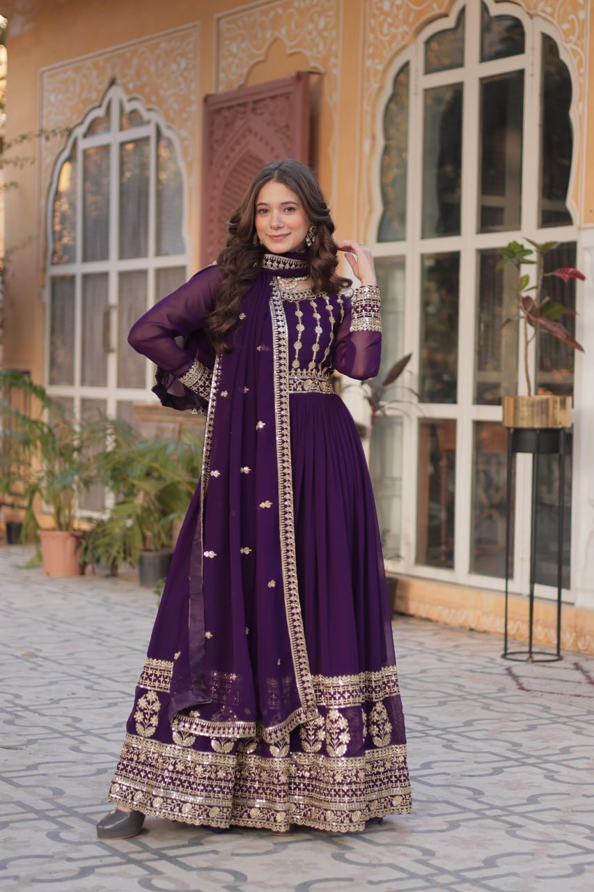 Mesmerizing Faux Georgette Embroidered Zari Sequins Gown Set - INDIAN ELEGANCE