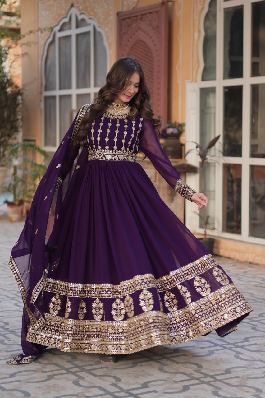 Mesmerizing Faux Georgette Embroidered Zari Sequins Gown Set - INDIAN ELEGANCE