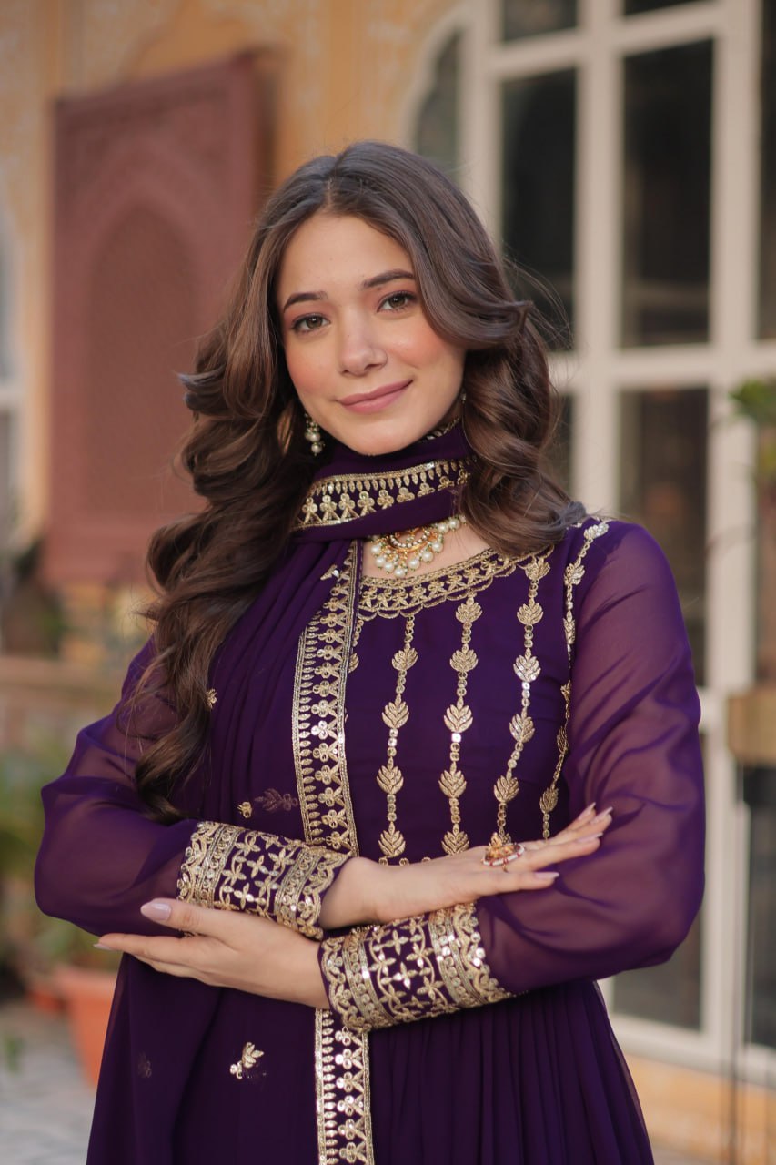 Mesmerizing Faux Georgette Embroidered Zari Sequins Gown Set - INDIAN ELEGANCE