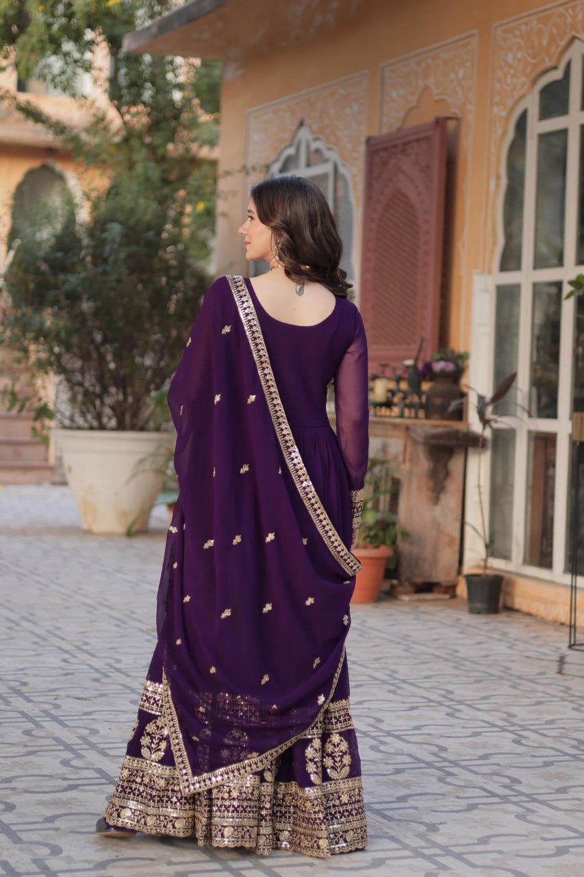 Mesmerizing Faux Georgette Embroidered Zari Sequins Gown Set - INDIAN ELEGANCE
