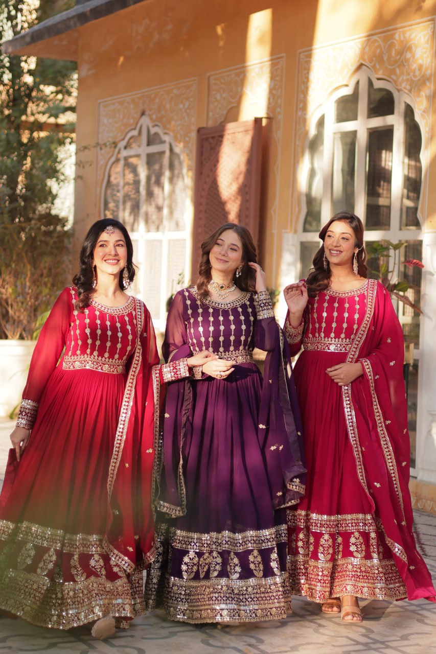 Mesmerizing Faux Georgette Embroidered Zari Sequins Gown Set - INDIAN ELEGANCE