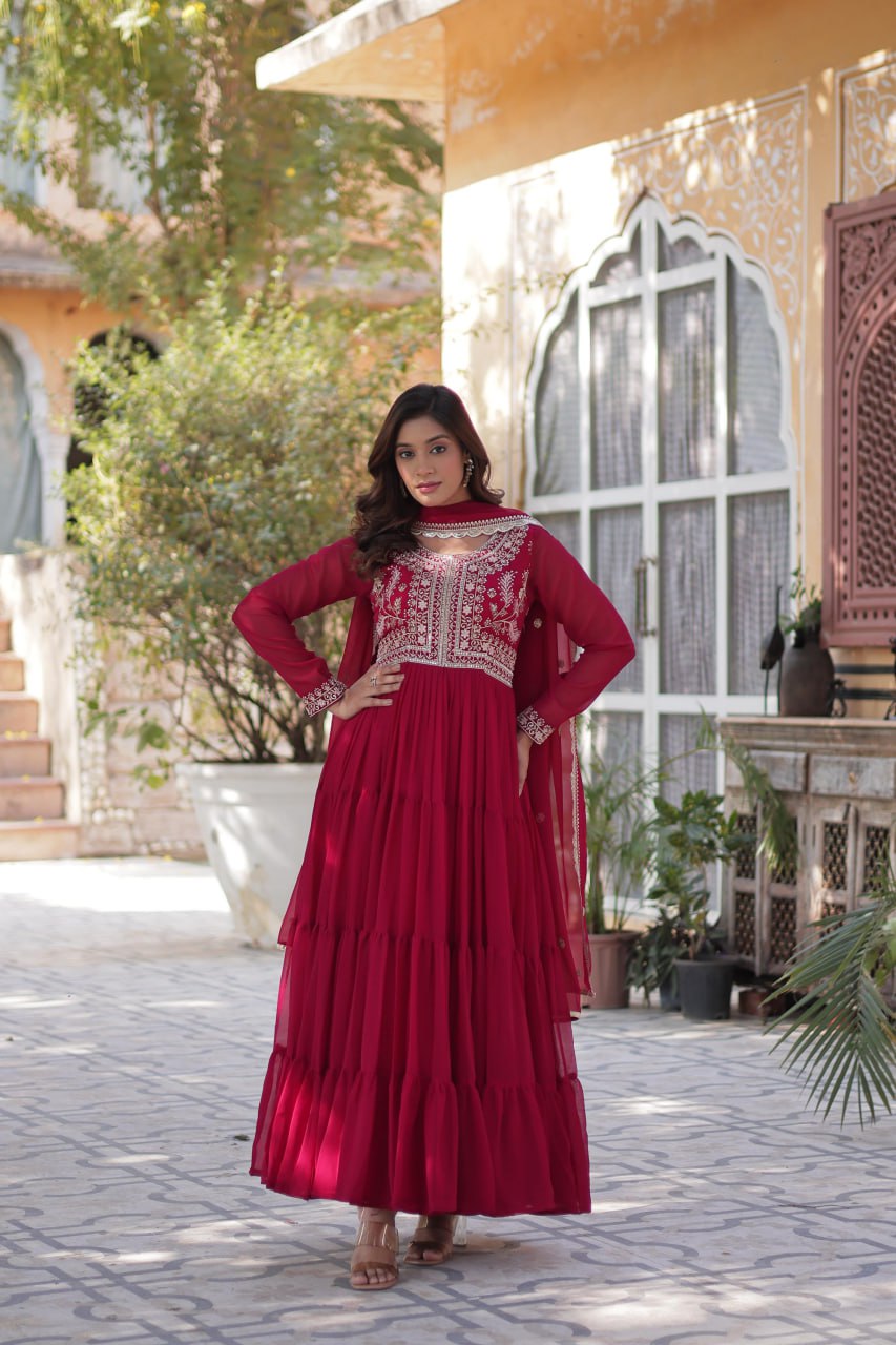 Stunning Faux Georgette Gown Pearl Embroidery With Matching Dupatta