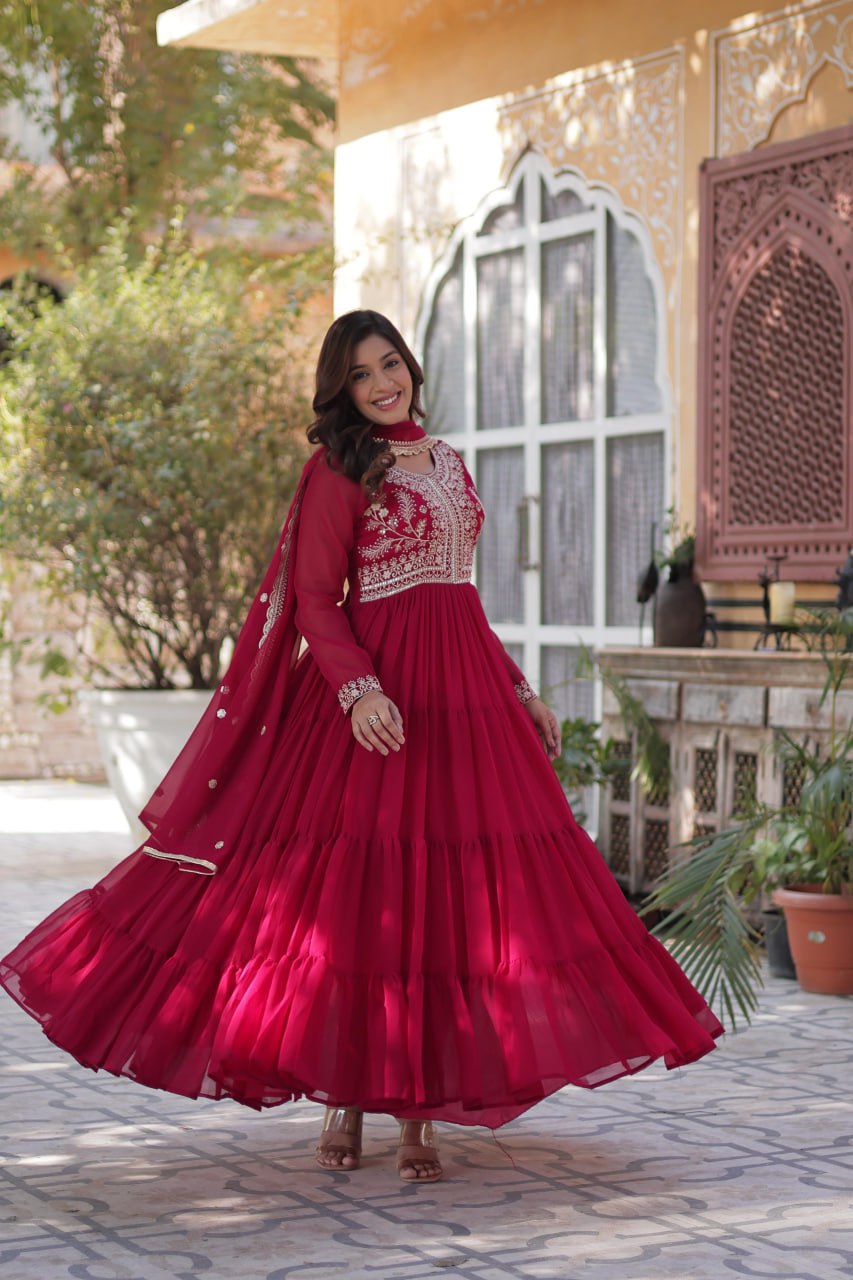 Stunning Faux Georgette Gown Pearl Embroidery With Matching Dupatta