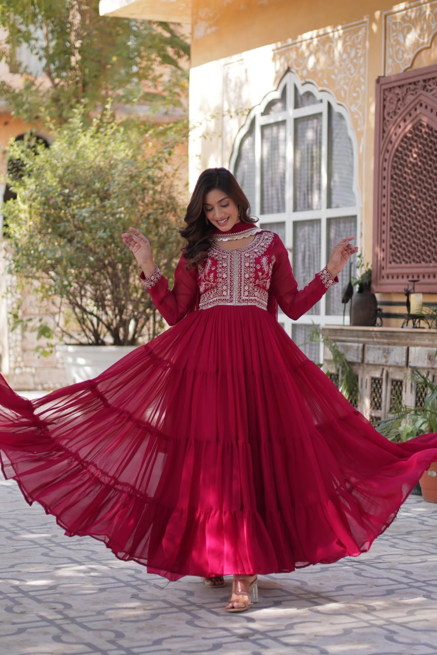 Stunning Faux Georgette Gown Pearl Embroidery With Matching Dupatta