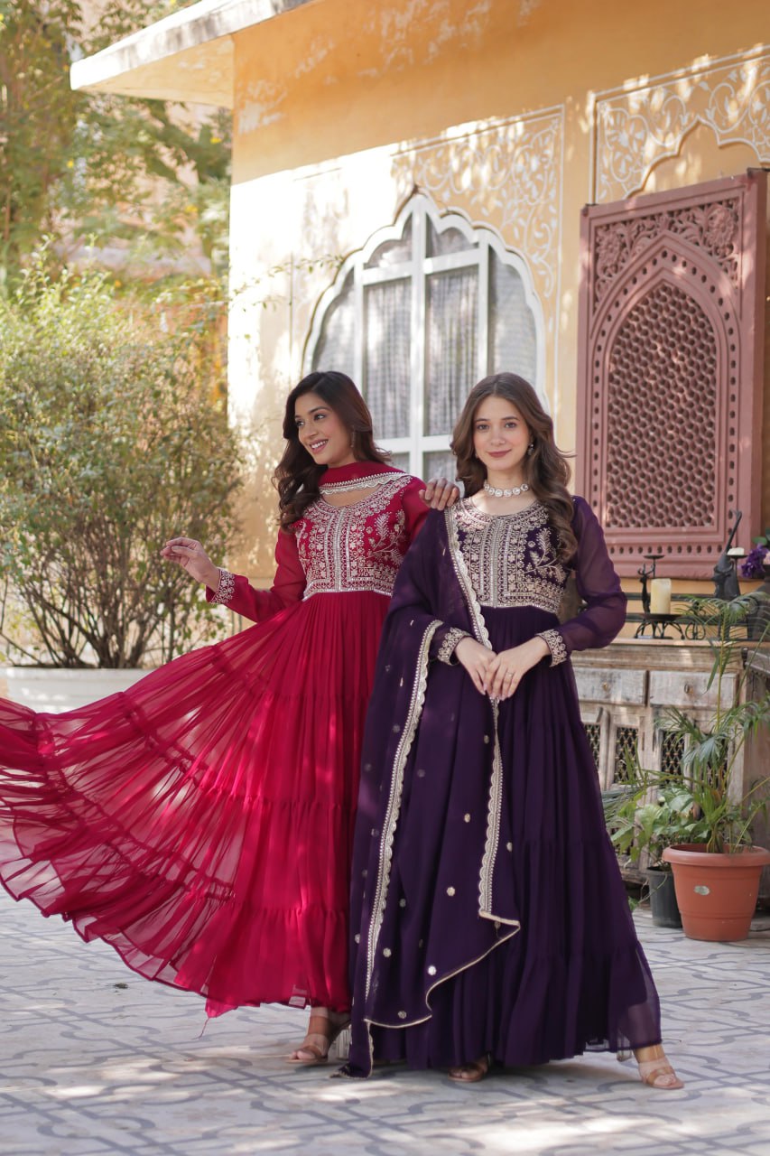 Stunning Faux Georgette Gown Pearl Embroidery With Matching Dupatta