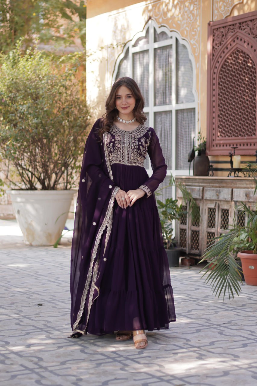 Stunning Faux Georgette Gown Pearl Embroidery With Matching Dupatta