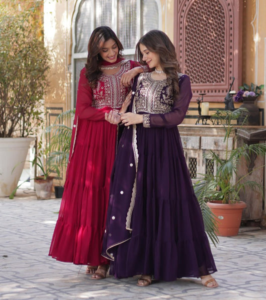 Stunning Faux Georgette Gown Pearl Embroidery With Matching Dupatta